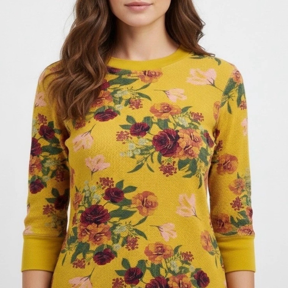 Sundance 100% Cotton Floral Yellow WaffleKnit 3/4 Sleeve Sweater. Size Small